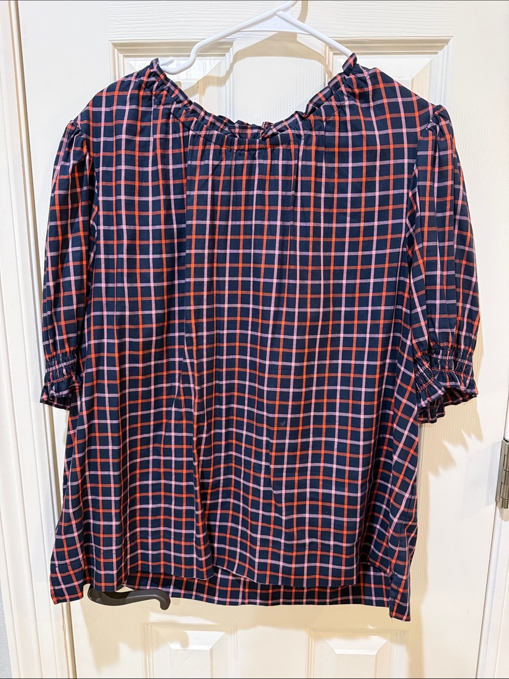 Navy and Pink Plaid Off-Shoulder Women's Top